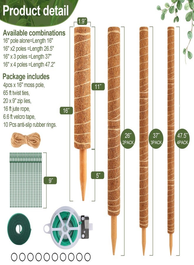 WAENLIR 4 Pack 16 inch Moss Pole for Monstera & Climbing Plants - Coco Coir Plant Support with Water-Retaining Cotton Core, Seamless Stackable Wooden Stakes with Anti-Slip Ring, Plant Ties Included - Image 2