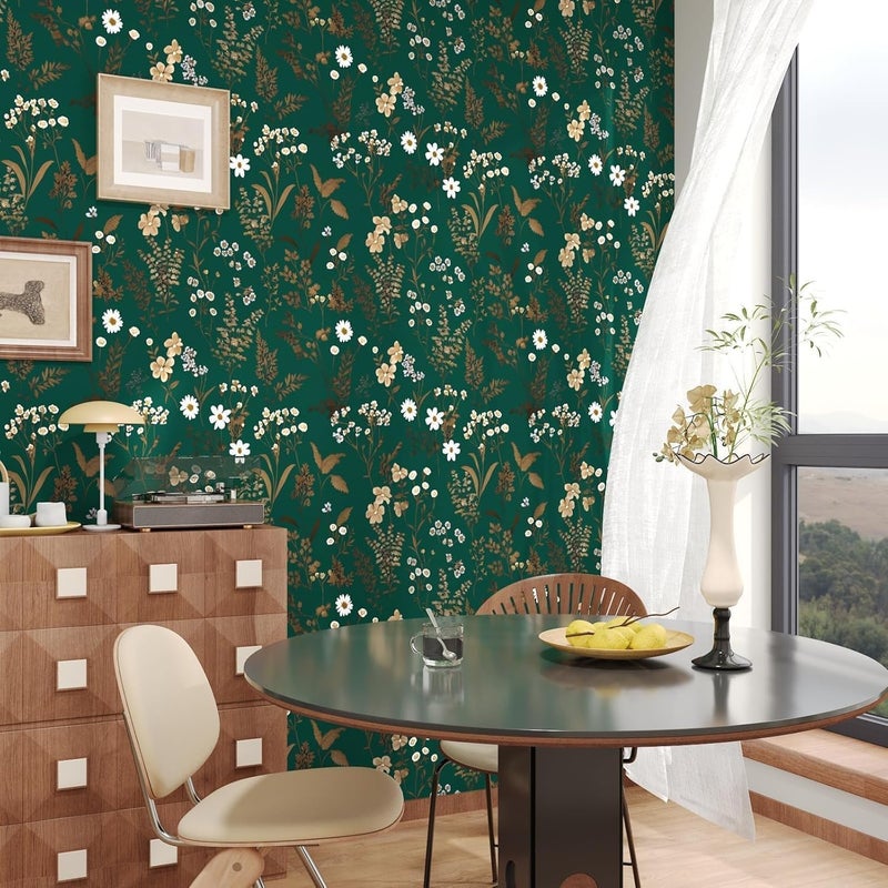 Laatse Dark Floral Wallpaper Peel and Stick 17.5in x393in Vintage Green Gold Leaf Wallpaper Vinyl Waterproof Self-Adhesive Boho Botanical Wall Paper Mural for Cabinet Bookcase Bedroom Decor - Image 3