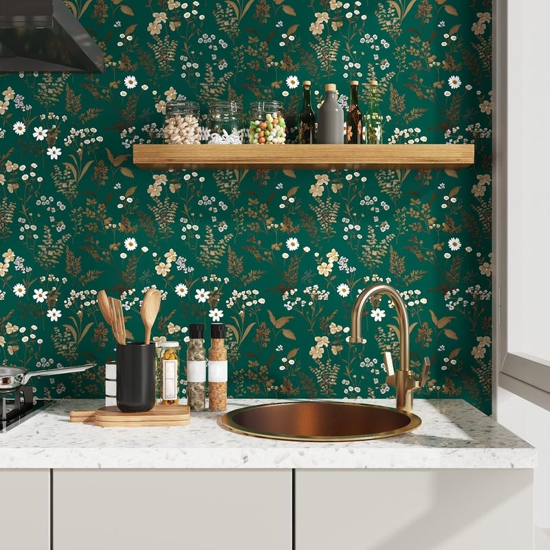 Laatse Dark Floral Wallpaper Peel and Stick 17.5in x393in Vintage Green Gold Leaf Wallpaper Vinyl Waterproof Self-Adhesive Boho Botanical Wall Paper Mural for Cabinet Bookcase Bedroom Decor - Image 2