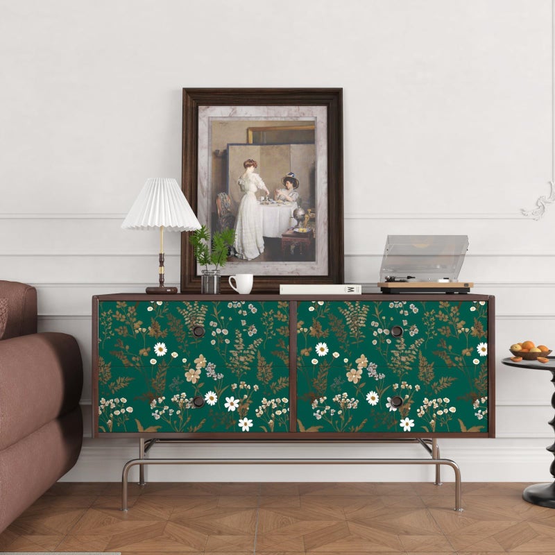 Laatse Dark Floral Wallpaper Peel and Stick 17.5in x393in Vintage Green Gold Leaf Wallpaper Vinyl Waterproof Self-Adhesive Boho Botanical Wall Paper Mural for Cabinet Bookcase Bedroom Decor - Image 4