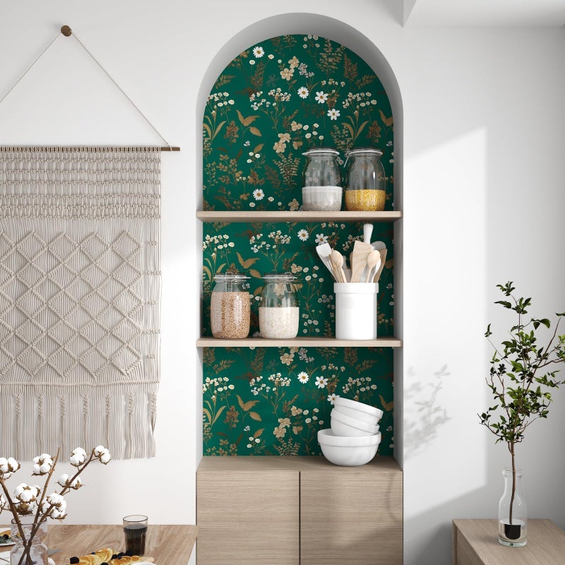 Laatse Dark Floral Wallpaper Peel and Stick 17.5in x393in Vintage Green Gold Leaf Wallpaper Vinyl Waterproof Self-Adhesive Boho Botanical Wall Paper Mural for Cabinet Bookcase Bedroom Decor - Image 5