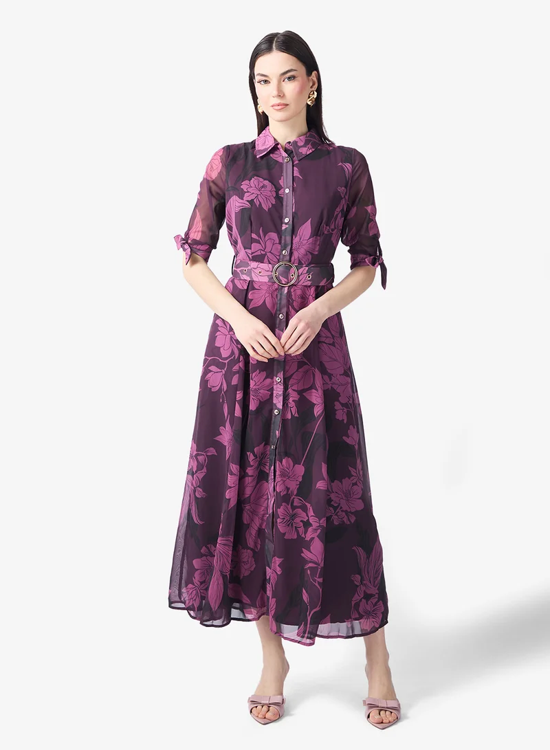 Printed Collar Neck Maxi Shirt Dress