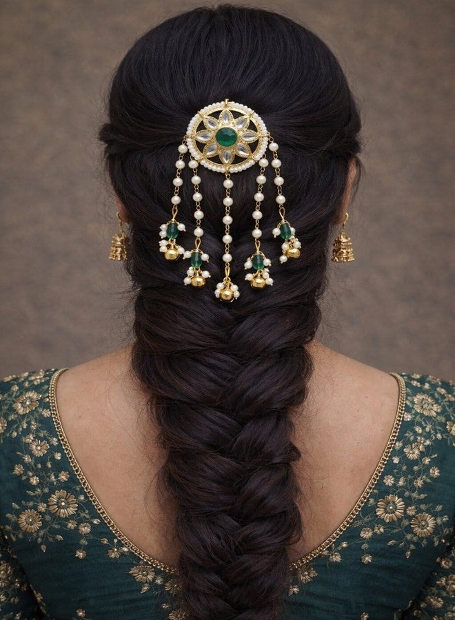 DORMITORRY Indian Hair Pin Brooch for Women Gold Finish with Pearls and Green Crystal Stone, Traditional Bridal Juda Accessories for Wedding, Engagement, Festival and Special Occasions - 1 Pcs. - Image 4