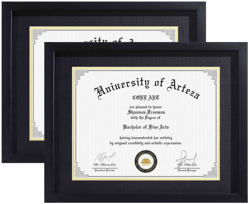 CORE ART 11x14 Diploma Frame Display Certificates 85x11 with Mat or 11x14 without Mat College Degree Frame with Real Glass Wall and Tabletop DisplayBlack 2 Pack