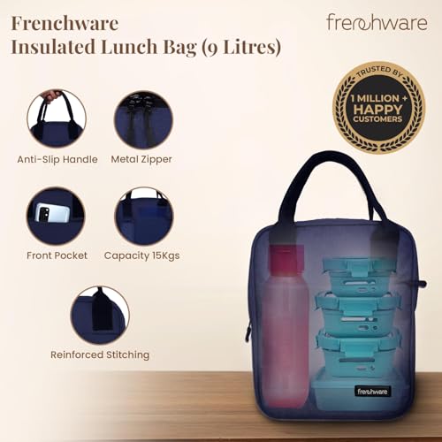 Frenchware Insulated Lunch Bag (9 Litre, 15 kg, Navy Blue), Office Tiffin Bags for Men and Women, Hot & Cold Travel Lunch Box for Men, Tiffin Box & Bottles, Lunch Bag for Office, Picnic Bag (Nylon) - Image 2