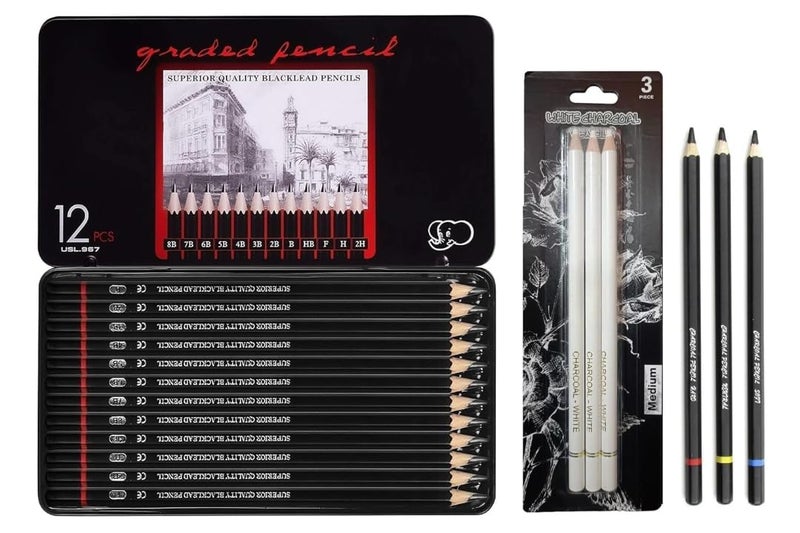 Generic ARTISTERY 12 Pcs Artist Graphite Drawing Pencil Set With Metal Case, 3 Pcs White Medium Charcoal Pencil and 3 Pcs Black Charcoal Pencils Set- Soft Medium & Hard Ideal for Drawing & Sketching  - Image 1