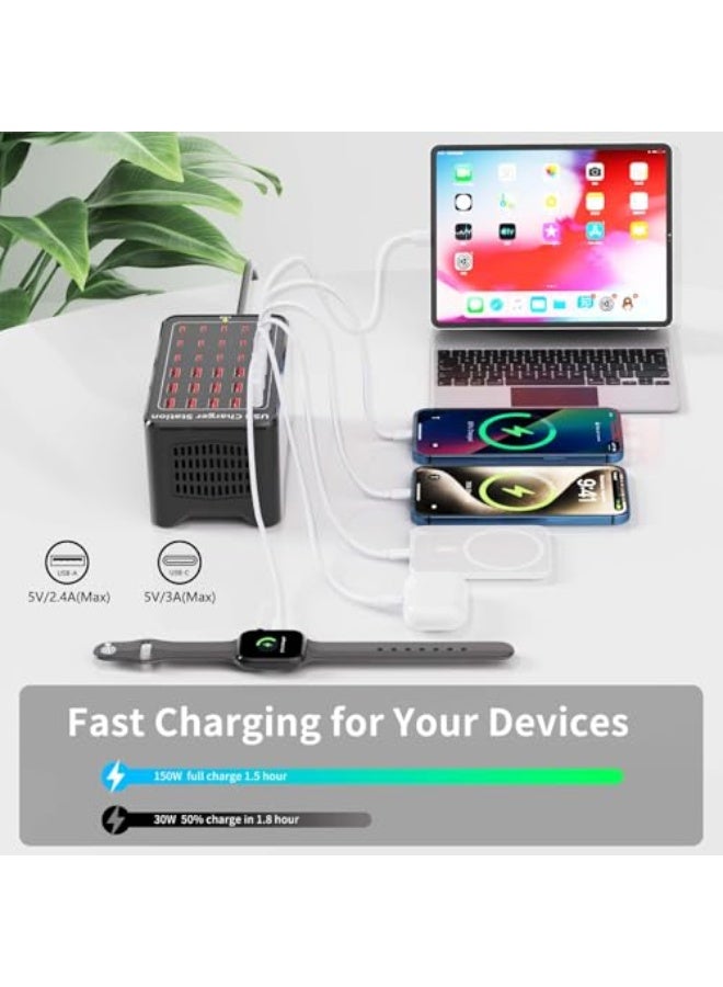 150W(30A) USB Charging Station, 30-Port USB C Charger Block, Multiple Desktop/Wall Fast Charger with Intelligent Protection Compatible with iPhone, iPad, Tablets, Smartphones - Image 3