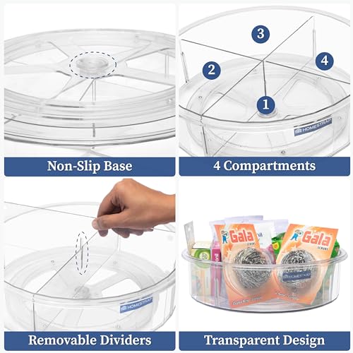 HomeStrap Acrylic 360° Multipurpose Rotating Tabletop Hanging Shelves Organiser Tray | 4 Compartment Removable Dividers | Lazy Susan| Spice Tray, Toiletries Storage Holder (Transparent) Round - Image 3