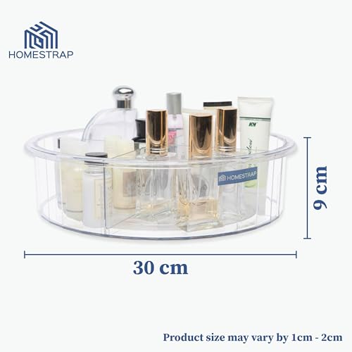 HomeStrap Acrylic 360° Multipurpose Rotating Tabletop Hanging Shelves Organiser Tray | 4 Compartment Removable Dividers | Lazy Susan| Spice Tray, Toiletries Storage Holder (Transparent) Round - Image 2