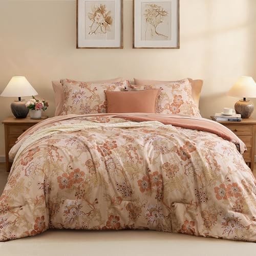 BLOOMHAVEN King Comforter Set -7 Pieces Terrecotta Floral Comforter Set for All Seasons, Bed in a Bag King with Botanical Flowers Comforter, Sheets, Pillowcases & Shams - Image 1