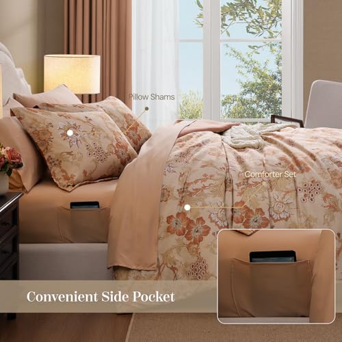 BLOOMHAVEN King Comforter Set -7 Pieces Terrecotta Floral Comforter Set for All Seasons, Bed in a Bag King with Botanical Flowers Comforter, Sheets, Pillowcases & Shams - Image 5