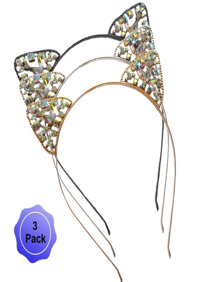 WLBON Cat Ears Headband Rhinestone Cat Hair Bands Crystal Halloween Hair Hoop Women Hairband Party Decoration Headdress Cosplay Costume Headwear Handmade Headpiece Makeup Hair Accessories 3 Pack - Image 1