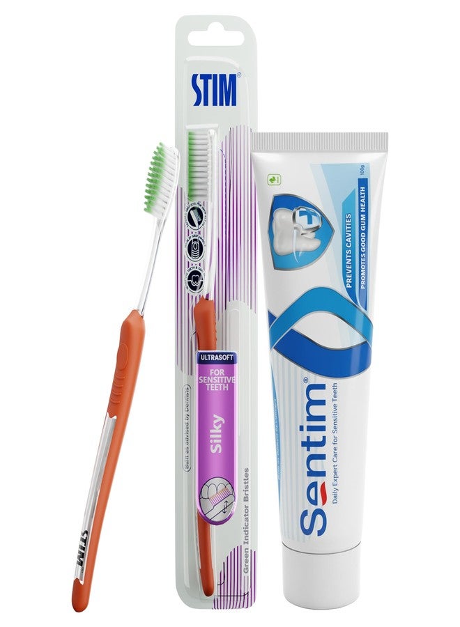 STIM Sentim Toothpaste for Sensitive Teeth Combo | Fast Acting Sensitivity Relief Formula | Includes Silky Ultra Soft Toothbrush for Gentle Cleaning - Image 1