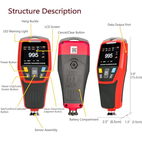 Rocky Mars Paint Thickness Gauge for Cars 343D Upgraded Coating Wet Film Thickness Gauge Paint Correction Precious Metal Tester Tool with Visual Go-NoGo Indicator Auto Rotatable Display - Image 4