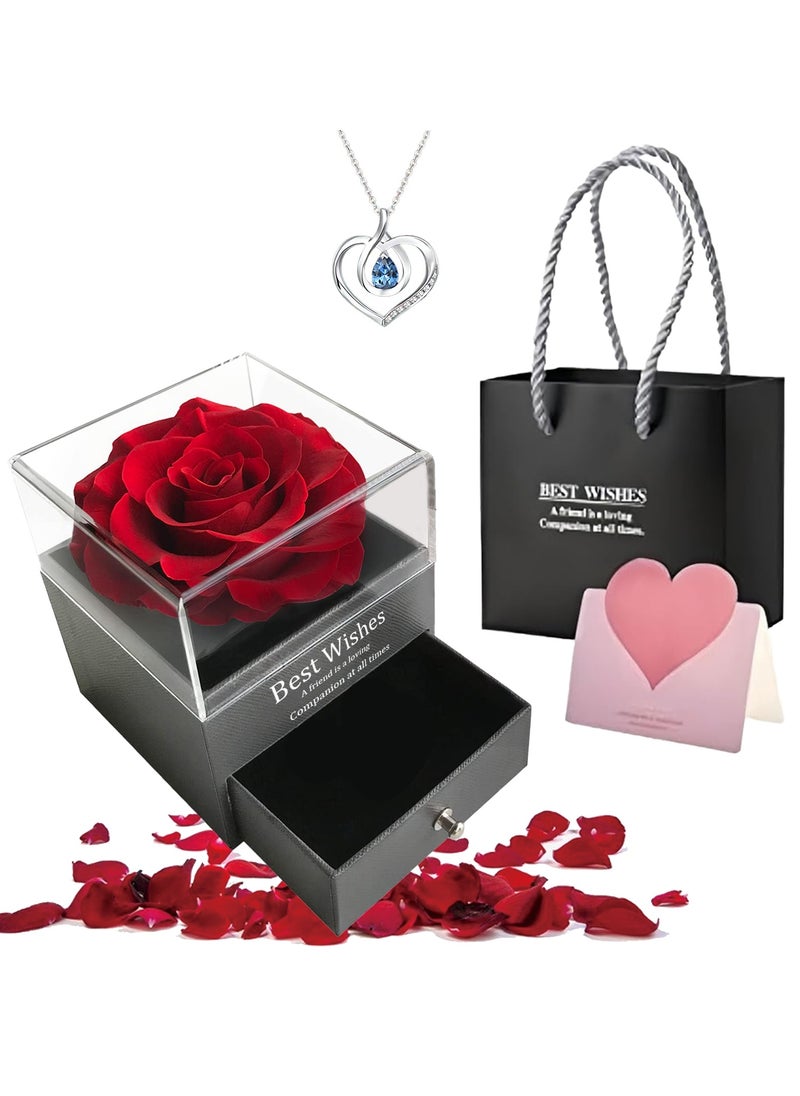 Adando Adando Eternal Rose with Gift Box Cute Eternal Red Rose Set with I Love You Necklace Handmade Preserved Rose Jewelry Box for Mom/Wife/Girlfriend A Romantic Gift for Her  - Image 1