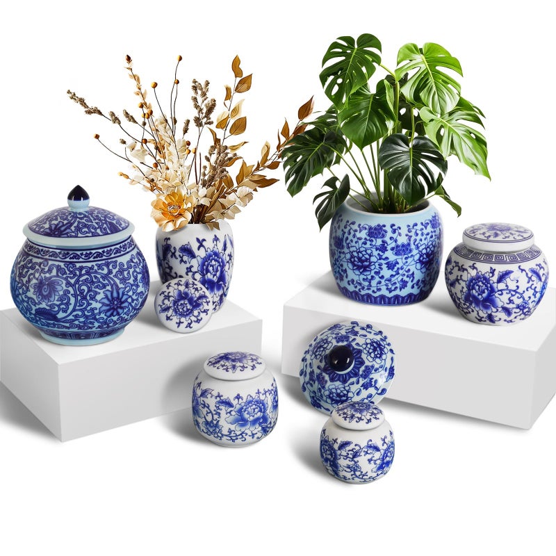 RMERVE Set of 6 Small Blue and White Porcelain Vases Blue Chinoiserie Decor Gifts Ceramic Flower Vases Classic vase for Home Bedroom Table Accent Shelf Tabletop - Image 1