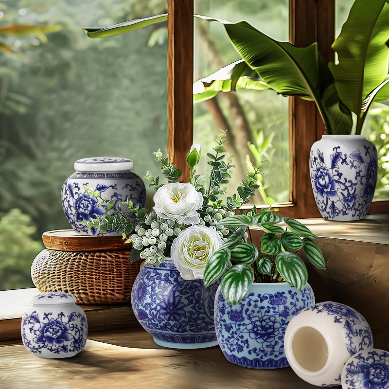 RMERVE Set of 6 Small Blue and White Porcelain Vases Blue Chinoiserie Decor Gifts Ceramic Flower Vases Classic vase for Home Bedroom Table Accent Shelf Tabletop - Image 5