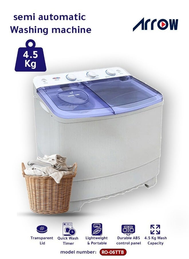 Arrow 4.5KG Twin Tub Semi-Automatic Washing Machine, Quick-and-Easy Installation, White Color | Model Name: RO-06TTB  - Image 1