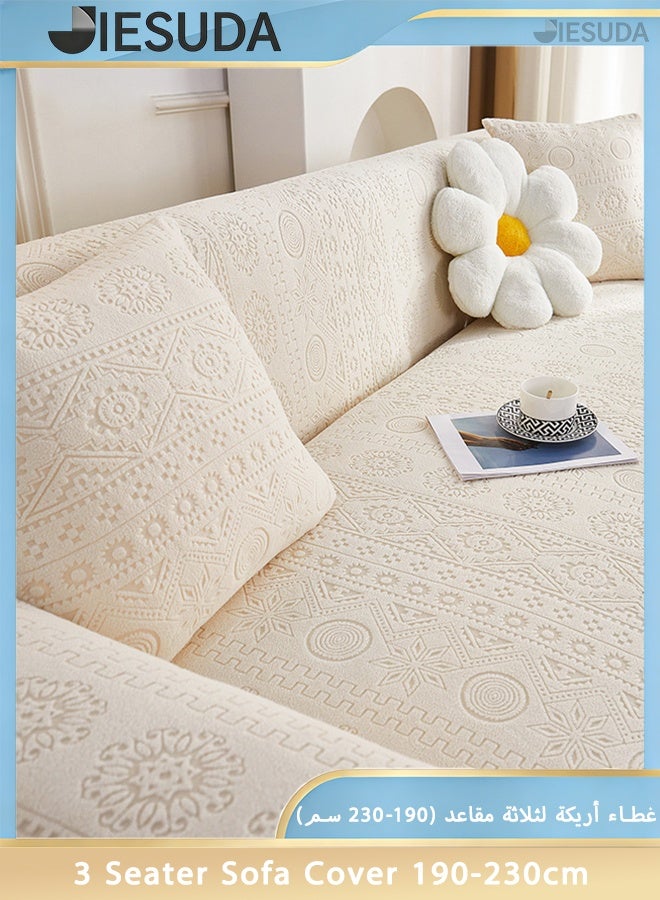 JieSuDa 3 Seater Bohemian Style Sofa Cover 190–230cm 3D Jacquard Velvet Stretch Couch Slipcover Full Wrap Sofa Protector with Free Cushion Cover 45x45cm Creamy White Machine Washable - Image 1
