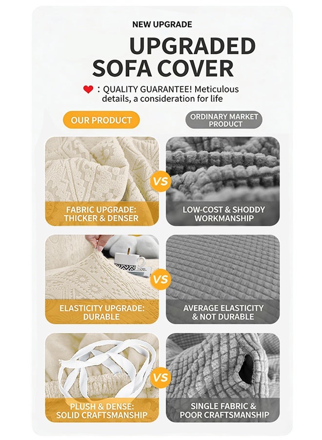 JieSuDa 3 Seater Bohemian Style Sofa Cover 190–230cm 3D Jacquard Velvet Stretch Couch Slipcover Full Wrap Sofa Protector with Free Cushion Cover 45x45cm Creamy White Machine Washable - Image 3