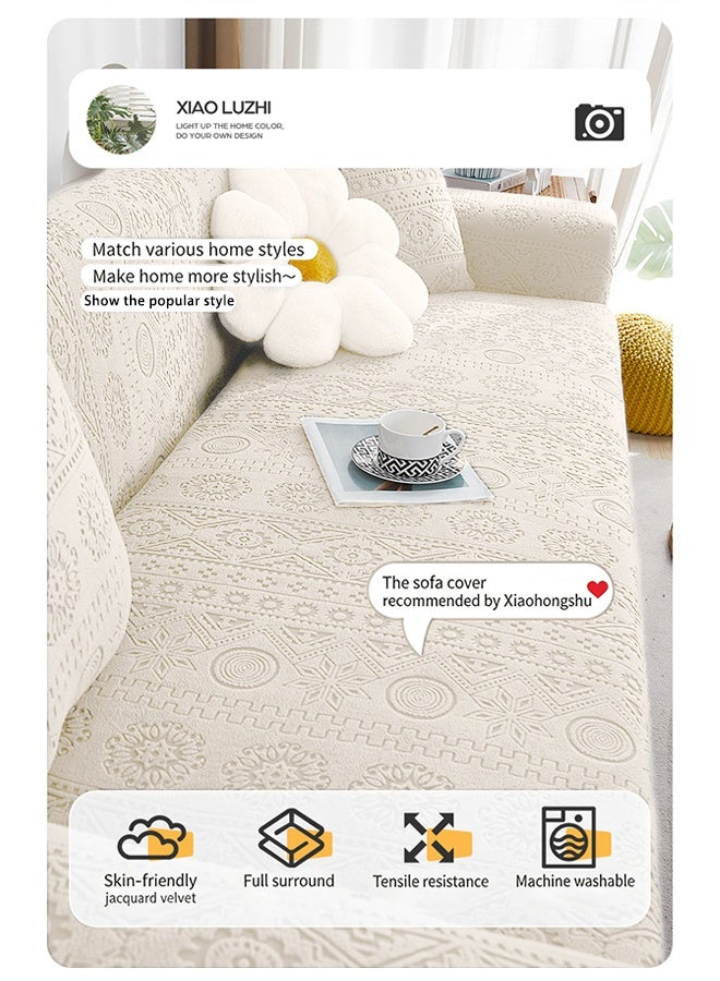 JieSuDa 3 Seater Bohemian Style Sofa Cover 190–230cm 3D Jacquard Velvet Stretch Couch Slipcover Full Wrap Sofa Protector with Free Cushion Cover 45x45cm Creamy White Machine Washable - Image 4