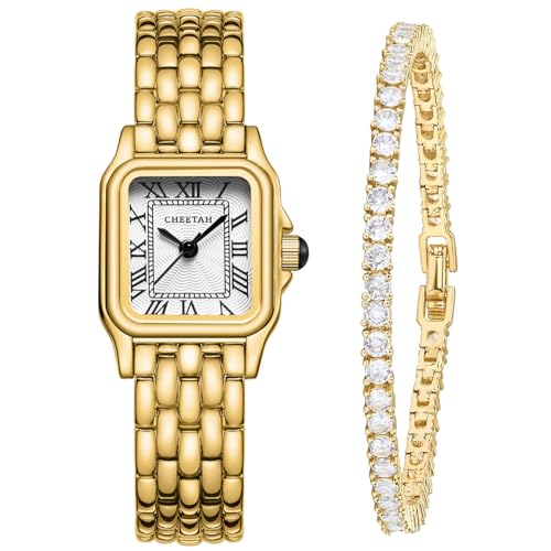 CHEETAH Women’s Gold Watch and Classic Diamond Tennis Bracelet Set - Image 1