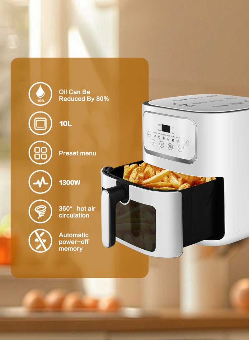لاك لايش مقلاة هوائية 10 لتر حجم كبير ، 6 إعدادات مسبقة ، 1300 واط ، لوحة بلمسة واحدة ، تقنية تدفق الهواء التوربيني 360l ، سلة مقلاة هوائية غير لاصقة ، آمنة للغسل في غسالة الأطباق ، تصميم أبيض أنيق - Image 4