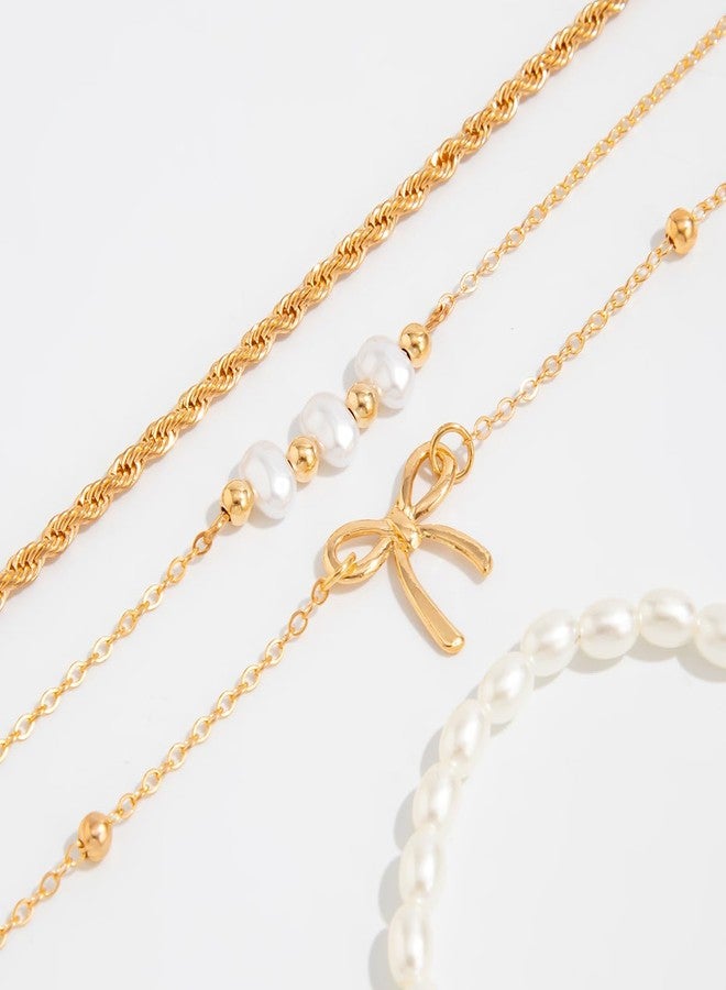 ANGLEQUEEN Gold Bracelets for Women Stackable Beaded Pearl Bow Bracelet Set Ribbon Chain Bracelet Dainty Statement Bracelets Boho Prom Jewelry Accessories Christmas Decorations Fashion Jewelry Gift for Women 2025 Gold3 - Image 5