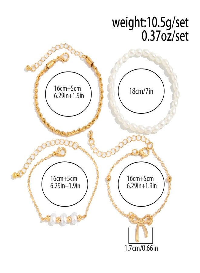 ANGLEQUEEN Gold Bracelets for Women Stackable Beaded Pearl Bow Bracelet Set Ribbon Chain Bracelet Dainty Statement Bracelets Boho Prom Jewelry Accessories Christmas Decorations Fashion Jewelry Gift for Women 2025 Gold3 - Image 4
