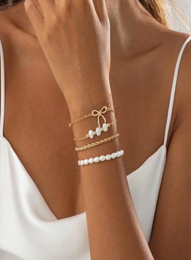 ANGLEQUEEN Gold Bracelets for Women Stackable Beaded Pearl Bow Bracelet Set Ribbon Chain Bracelet Dainty Statement Bracelets Boho Prom Jewelry Accessories Christmas Decorations Fashion Jewelry Gift for Women 2025 Gold3 - Image 2