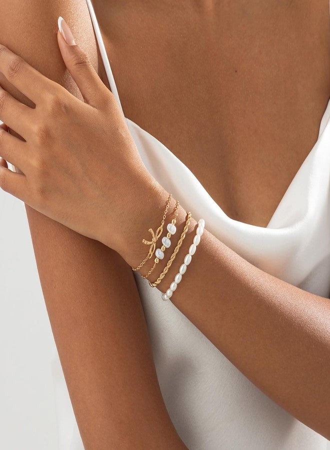 ANGLEQUEEN Gold Bracelets for Women Stackable Beaded Pearl Bow Bracelet Set Ribbon Chain Bracelet Dainty Statement Bracelets Boho Prom Jewelry Accessories Christmas Decorations Fashion Jewelry Gift for Women 2025 Gold3 - Image 3