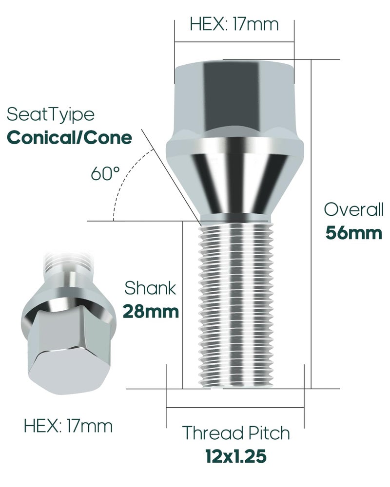 SCITOO M12x1.25 Wheel Lug Bolt 12x1.25 Lug Nut Bolts 20 Pcs Silver Shank Length 28mm Compatible for Jeep Compass for Renegade for Cherokee, for Fiat, for Chrysler 200, for Dodge Dart - Image 2