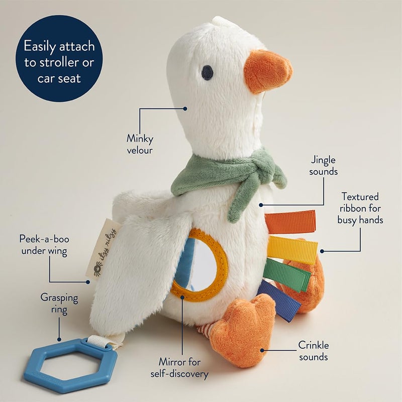 Itzy Ritzy Bitzy Traveler Car Seat & Stroller Toy for Babies â€“ Developmental Sensory Toy Features Crinkle & Rattle Sounds & Multiple Textures â€“ Hanging Travel Buddy for On-the-Go Entertainment (Goose) - Image 4