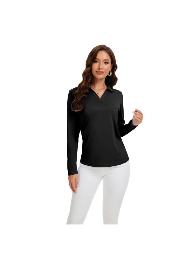 FUXERT Women's V-Neck Polo Shirts Long Sleeve Quick Dry UPF 50+ Sun Protection Business Casual Collared Tops Trendy Loose, Black, L - Image 2
