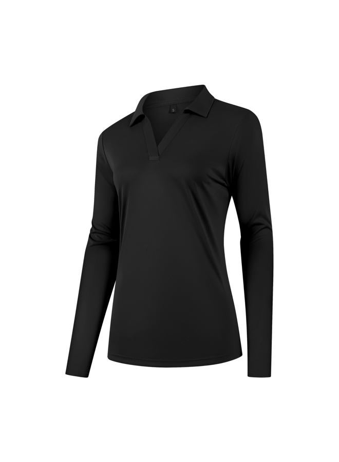 FUXERT Women's V-Neck Polo Shirts Long Sleeve Quick Dry UPF 50+ Sun Protection Business Casual Collared Tops Trendy Loose, Black, L - Image 3