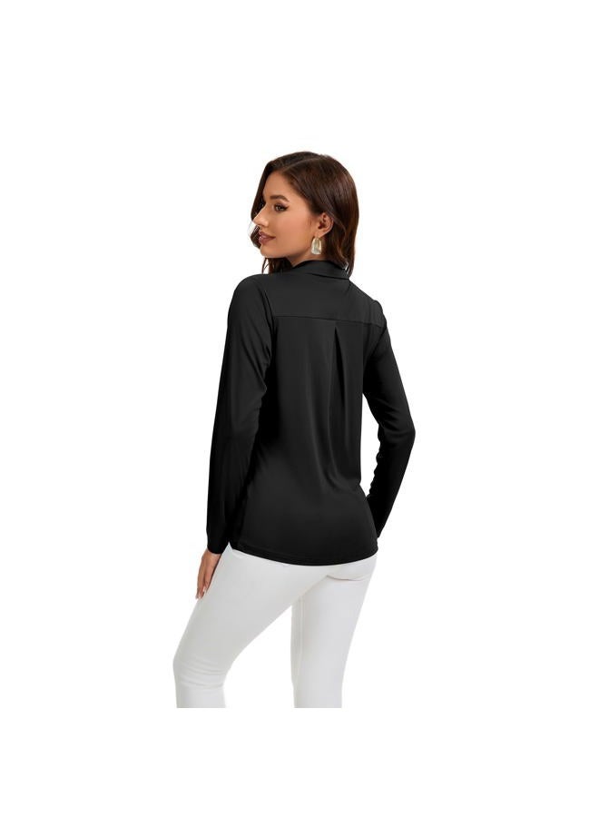 FUXERT Women's V-Neck Polo Shirts Long Sleeve Quick Dry UPF 50+ Sun Protection Business Casual Collared Tops Trendy Loose, Black, L - Image 4
