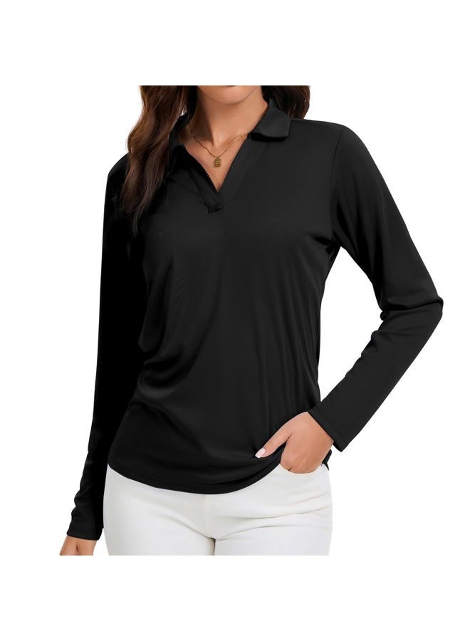 FUXERT Women's V-Neck Polo Shirts Long Sleeve Quick Dry UPF 50+ Sun Protection Business Casual Collared Tops Trendy Loose, Black, L - Image 1