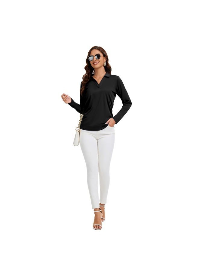 FUXERT Women's V-Neck Polo Shirts Long Sleeve Quick Dry UPF 50+ Sun Protection Business Casual Collared Tops Trendy Loose, Black, L - Image 5