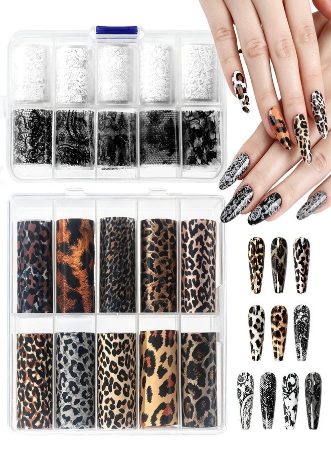 heemeei Nail Foil Transfer Sheets, 20 Rolls Nail Foils Transfer Nail Art(10 Roll Black White Floral Lace Nail Foil & 10 Roll Leopard Print Nails Foils Transfer), Transfer Foil for Acrylic Nails - Image 1