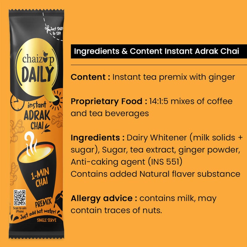 Chaizup Daily 1 Min Instant Adrak Chai Premix - 30 Sachets | Adrak Flavours | 30 Servings | 420g - Image 3
