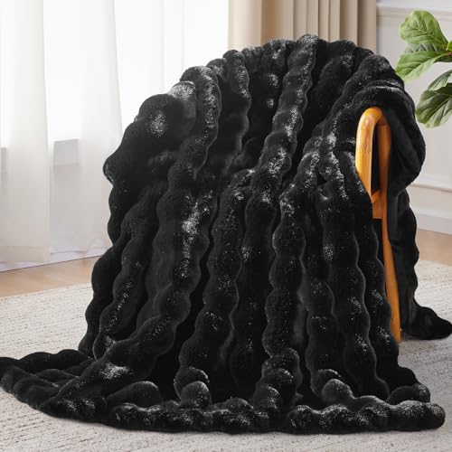 Anysay Faux Fur Throw Blanket, 1000GSM Fluffy Soft Bubble Blanket for Couch Bed, Cozy Plush Warm and Thick Blanket, Fuzzy Rabbit Throw for Living Room Bedroom 50''*60'' Black - Image 1