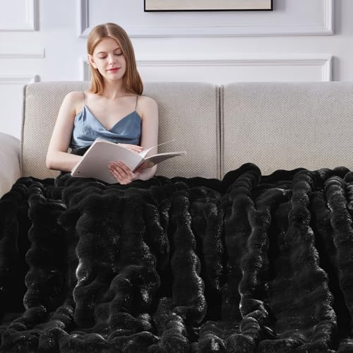 Anysay Faux Fur Throw Blanket, 1000GSM Fluffy Soft Bubble Blanket for Couch Bed, Cozy Plush Warm and Thick Blanket, Fuzzy Rabbit Throw for Living Room Bedroom 50''*60'' Black - Image 4