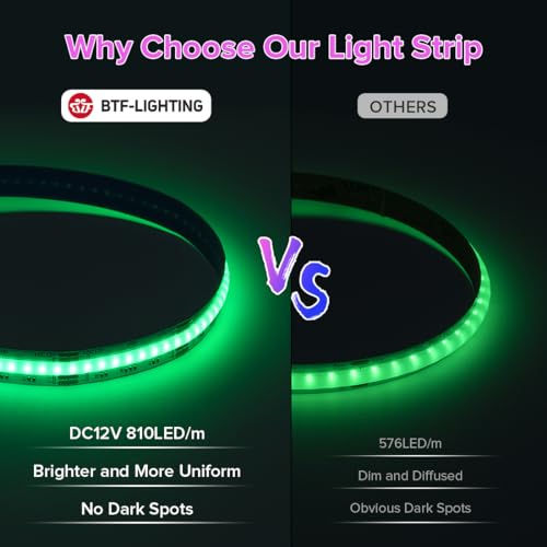 BTF-LIGHTING FCOB COB RGB LED Strip 810LED/m 16.4FT DC12V Color Changing Flexible High Density Uniform Light 10mm Width for Bedroom Home Indoor Decor(No Adapter or Controller) - Image 3