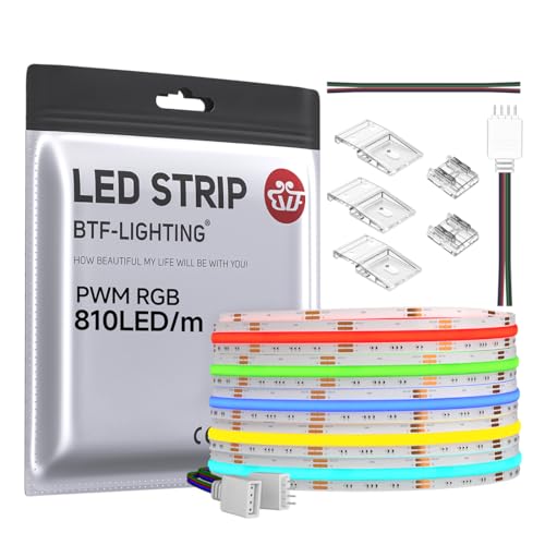BTF-LIGHTING FCOB COB RGB LED Strip 810LED/m 16.4FT DC12V Color Changing Flexible High Density Uniform Light 10mm Width for Bedroom Home Indoor Decor(No Adapter or Controller) - Image 1