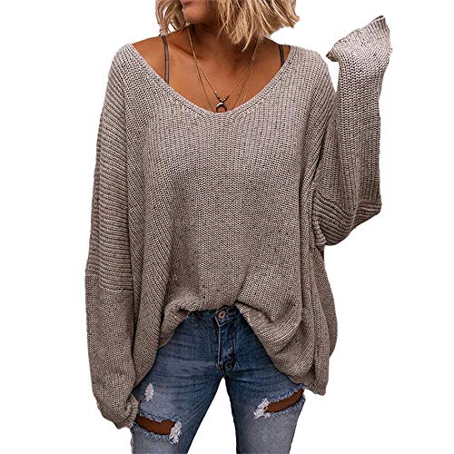 BZB Women's V Neck Long Sleeve Knit Loose Oversized Pullover Sweater Apricot - Image 4