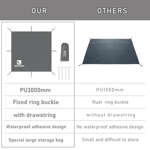 Hikeman Tent Footprint - Waterproof Camping Tarp, Heavy Duty Tent Floor Saver, Ultralight Ground Sheet Mat for Hiking, Backpacking, Hammock, Beach - Storage Bag Included(PU3000mm,300 * 300CM) - Image 5