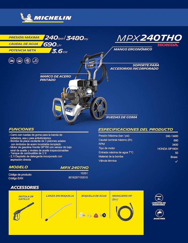 MICHELIN Petrol Pressure Washer 200 Bar with Honda Engine, Ideal for Car Wash, Floors, Garden Furniture - MPX240THO - Image 5