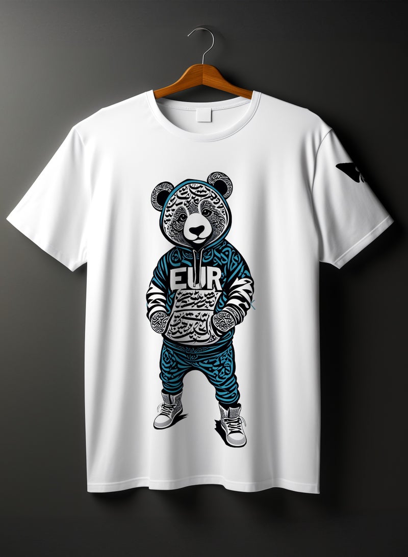 Ai Vista Unisex Eur Bear Graphic T-Shirt White with Round Neck -  L Regular Fit, Premium Cotton, Urban Streetwear Style - Image 1