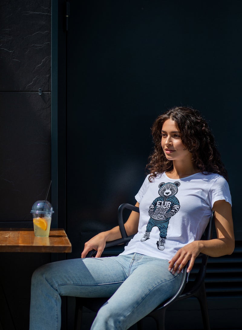 Ai Vista Unisex Eur Bear Graphic T-Shirt White with Round Neck -  L Regular Fit, Premium Cotton, Urban Streetwear Style - Image 3