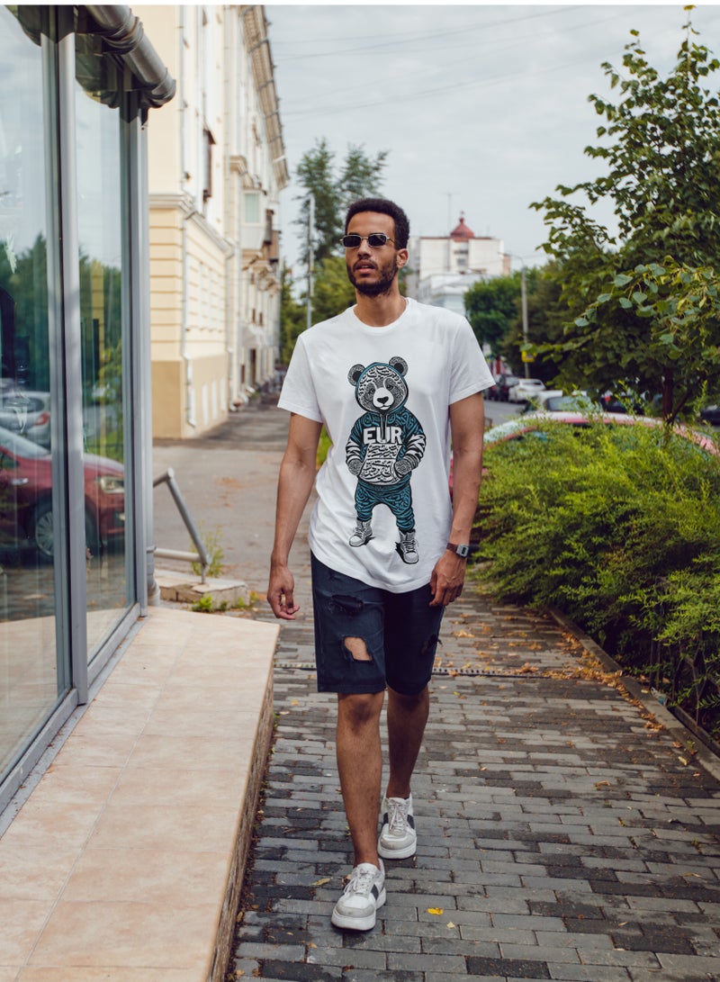 Ai Vista Unisex Eur Bear Graphic T-Shirt White with Round Neck -  L Regular Fit, Premium Cotton, Urban Streetwear Style - Image 4